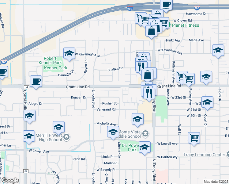 map of restaurants, bars, coffee shops, grocery stores, and more near 1132 Johnson Court in Tracy