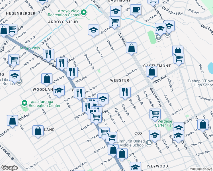 map of restaurants, bars, coffee shops, grocery stores, and more near 1720 87th Avenue in Oakland