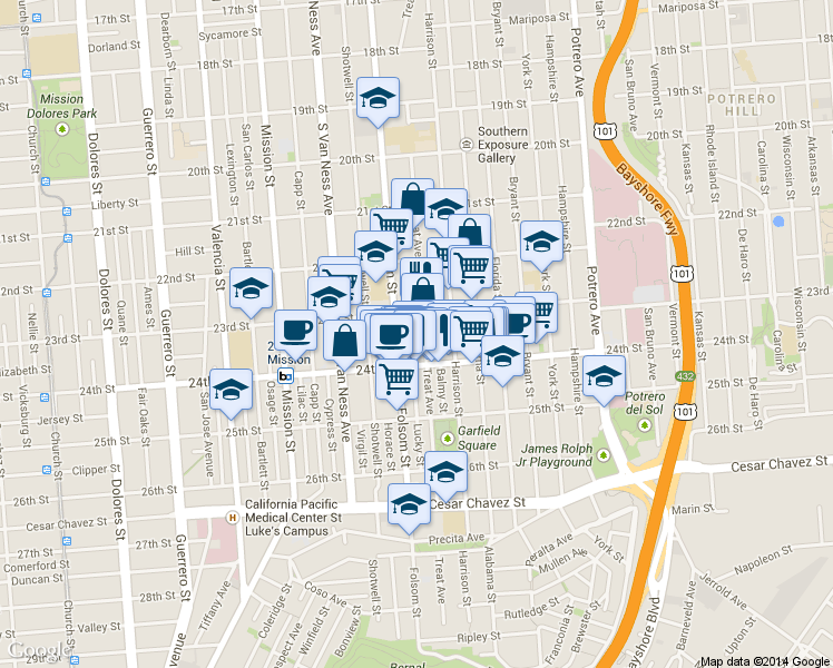 map of restaurants, bars, coffee shops, grocery stores, and more near 1040 Treat Avenue in San Francisco