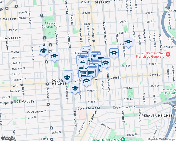 map of restaurants, bars, coffee shops, grocery stores, and more near 2748 Mission Street in San Francisco