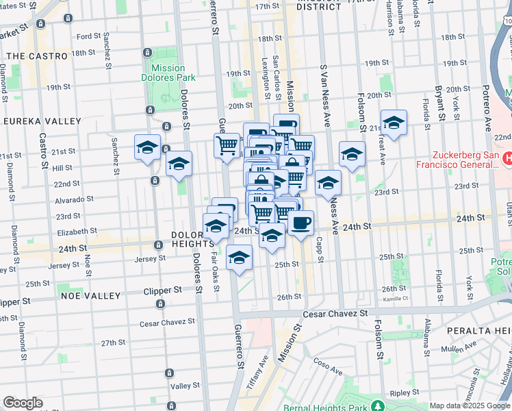 map of restaurants, bars, coffee shops, grocery stores, and more near 1184 Valencia Street in San Francisco
