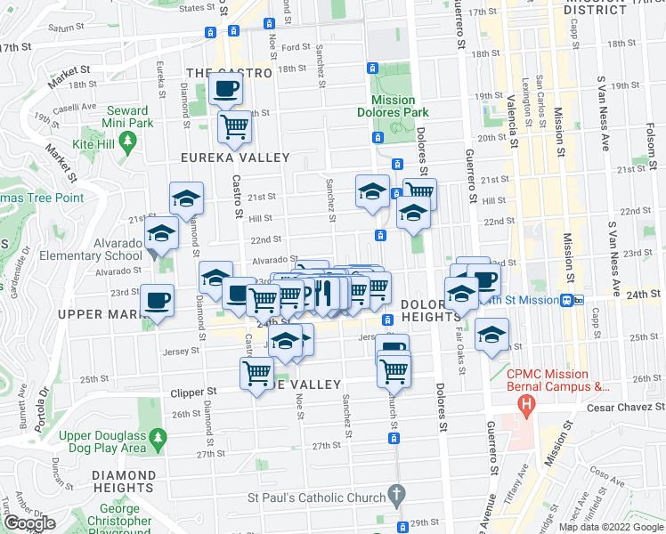 map of restaurants, bars, coffee shops, grocery stores, and more near 980 Sanchez Street in San Francisco