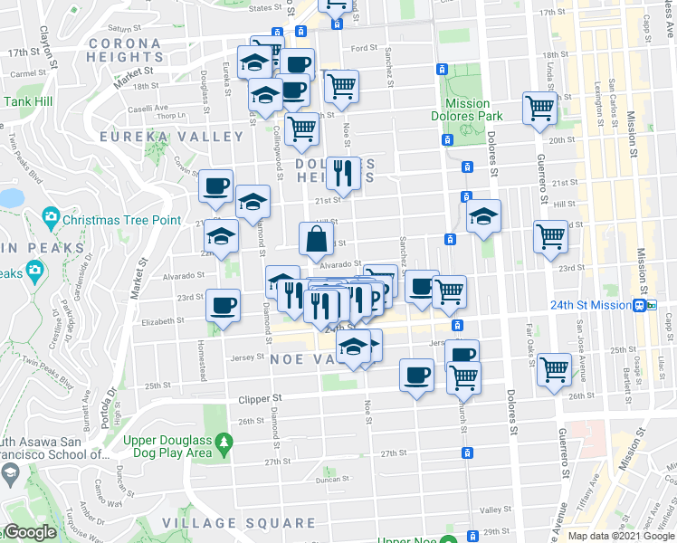 map of restaurants, bars, coffee shops, grocery stores, and more near 535 Alvarado Street in San Francisco