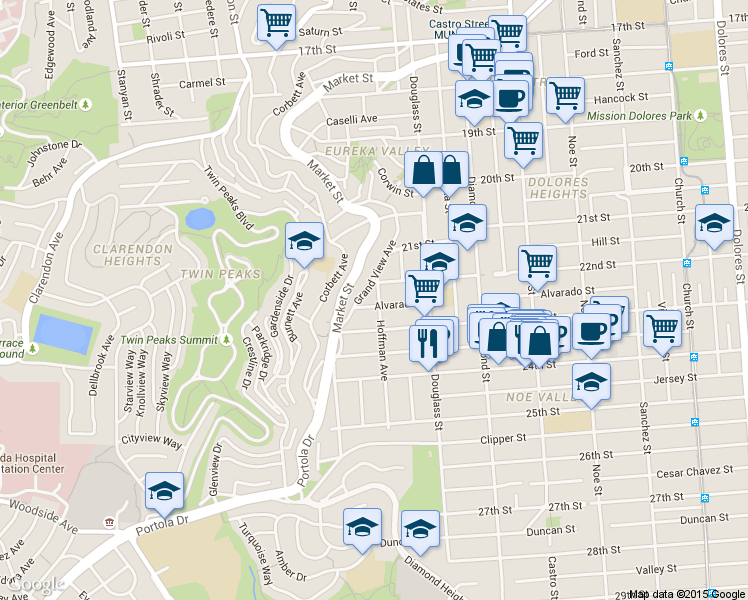 map of restaurants, bars, coffee shops, grocery stores, and more near 884 Alvarado Street in San Francisco