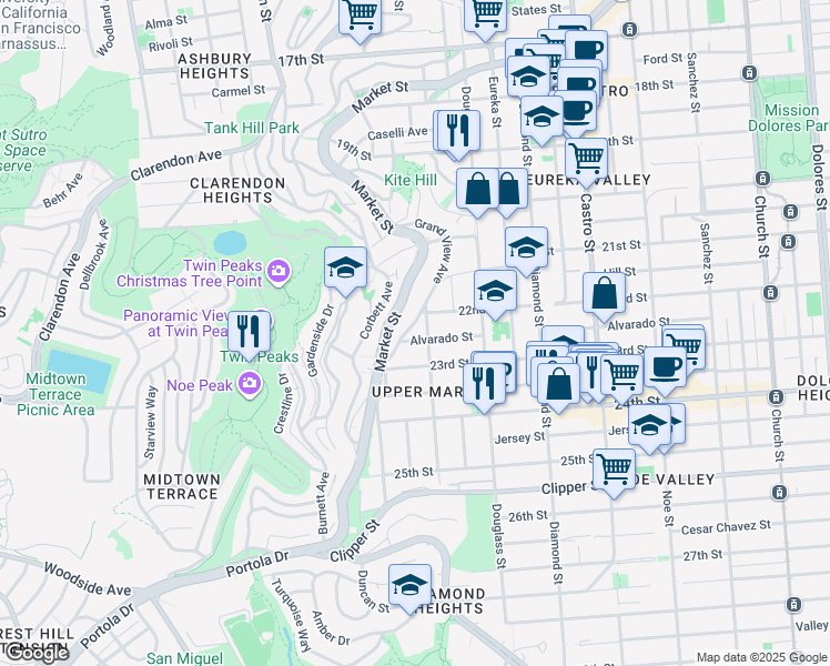 map of restaurants, bars, coffee shops, grocery stores, and more near 296 Grand View Avenue in San Francisco
