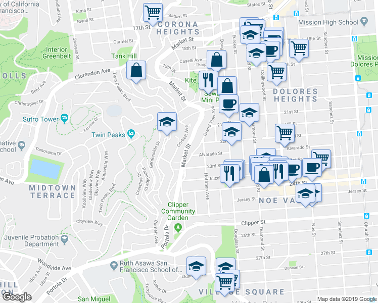 map of restaurants, bars, coffee shops, grocery stores, and more near 296 Grand View Avenue in San Francisco