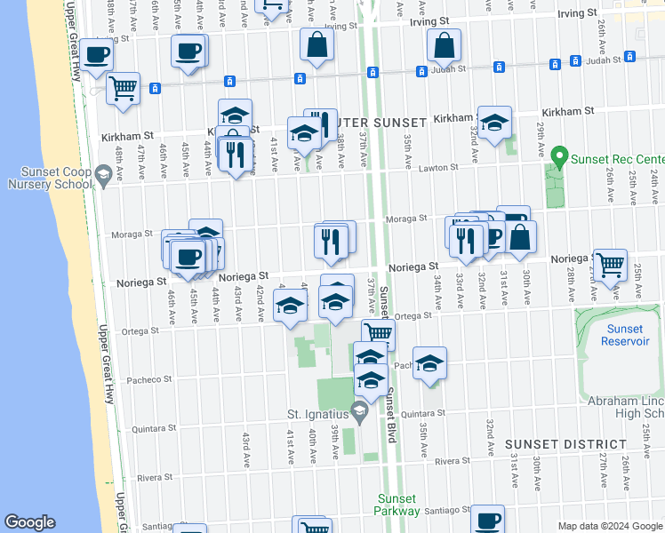 map of restaurants, bars, coffee shops, grocery stores, and more near 3136 Noriega Street in San Francisco