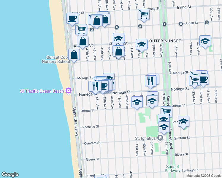 map of restaurants, bars, coffee shops, grocery stores, and more near 1775 44th Avenue in San Francisco
