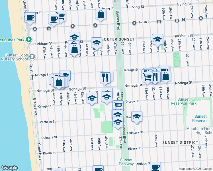 map of restaurants, bars, coffee shops, grocery stores, and more near 3136 Noriega Street in San Francisco