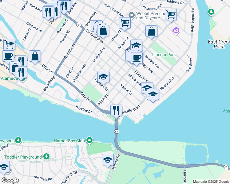 map of restaurants, bars, coffee shops, grocery stores, and more near 3208 Washington Street in Alameda