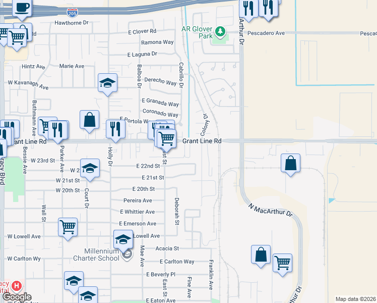 map of restaurants, bars, coffee shops, grocery stores, and more near 360 East Grant Line Road in Tracy