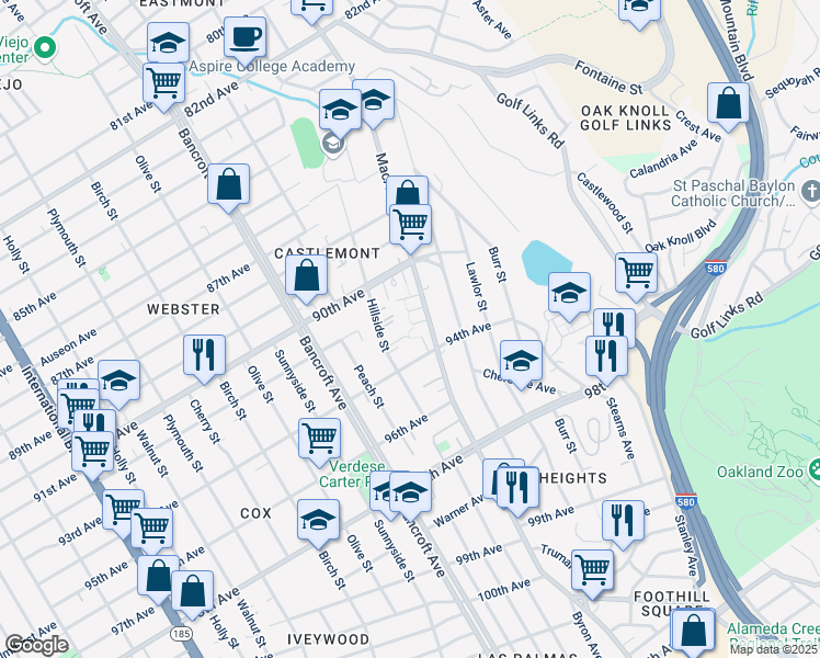map of restaurants, bars, coffee shops, grocery stores, and more near 2452 Casa Court in Oakland