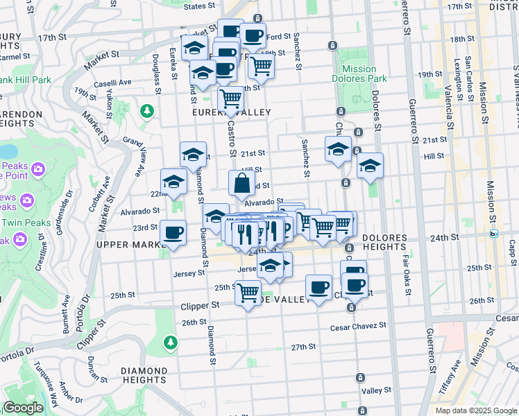 map of restaurants, bars, coffee shops, grocery stores, and more near 535 Alvarado Street in San Francisco