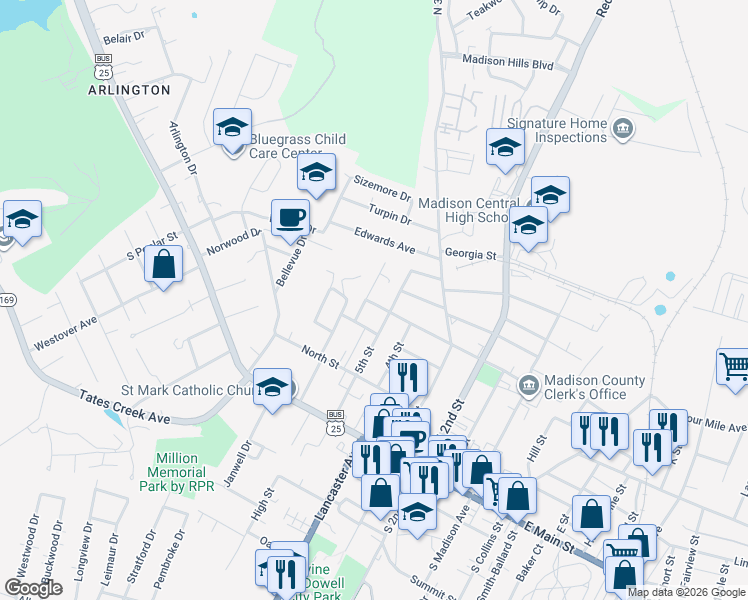 map of restaurants, bars, coffee shops, grocery stores, and more near 401 Laurel Street in Richmond