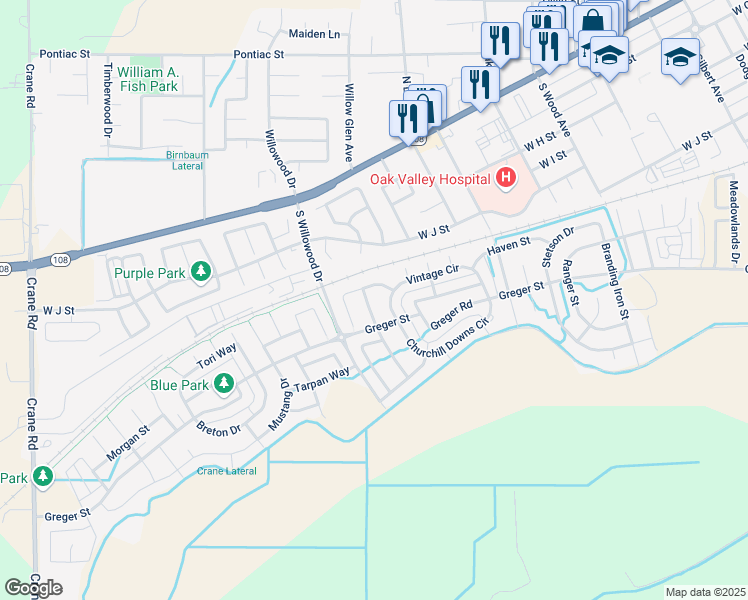 map of restaurants, bars, coffee shops, grocery stores, and more near 539 Wrangler Street in Oakdale