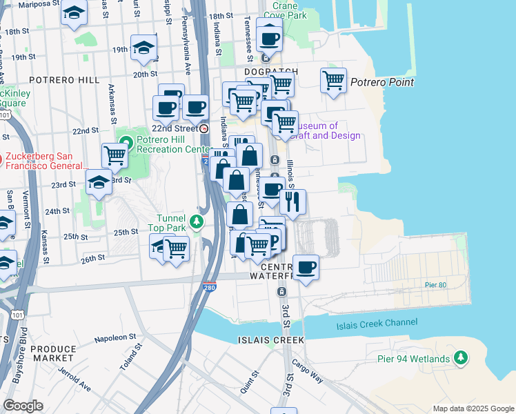 map of restaurants, bars, coffee shops, grocery stores, and more near 1444 Tennessee St in San Francisco