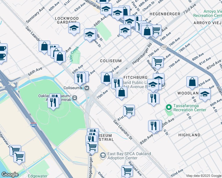 map of restaurants, bars, coffee shops, grocery stores, and more near 900 75th Avenue in Oakland