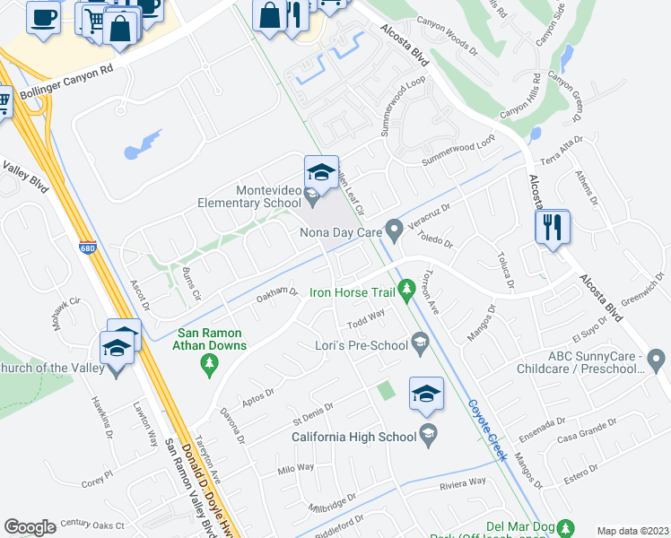 map of restaurants, bars, coffee shops, grocery stores, and more near 10098 Foxboro Circle in San Ramon