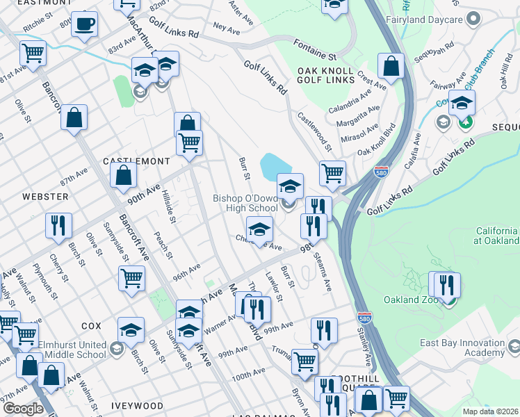 map of restaurants, bars, coffee shops, grocery stores, and more near 9410 Burr St in Oakland
