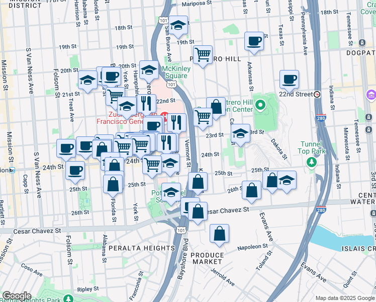 map of restaurants, bars, coffee shops, grocery stores, and more near 1270 Vermont Street in San Francisco