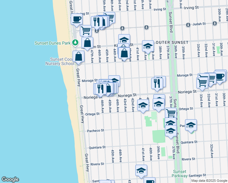 map of restaurants, bars, coffee shops, grocery stores, and more near 1775 44th Avenue in San Francisco