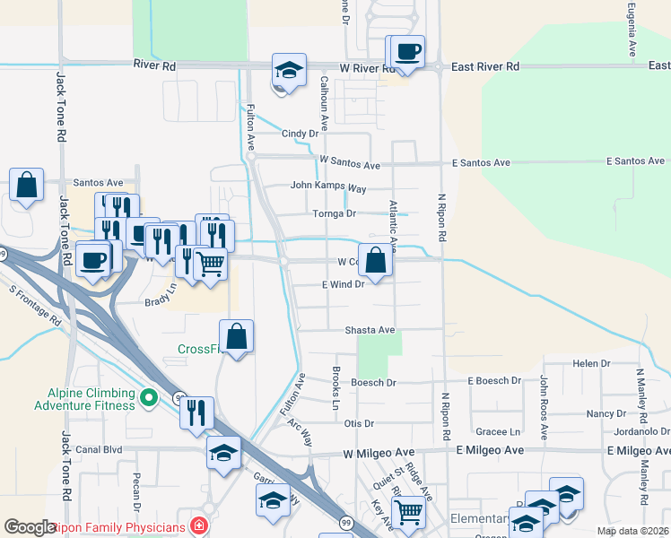 map of restaurants, bars, coffee shops, grocery stores, and more near 484 West Colony Road in Ripon