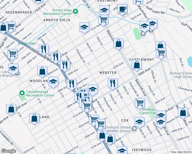 map of restaurants, bars, coffee shops, grocery stores, and more near 1720 87th Avenue in Oakland