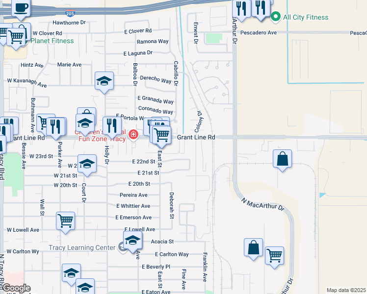 map of restaurants, bars, coffee shops, grocery stores, and more near 360 East Grant Line Road in Tracy