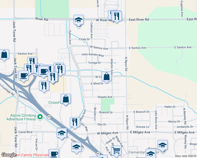map of restaurants, bars, coffee shops, grocery stores, and more near 484 West Colony Road in Ripon