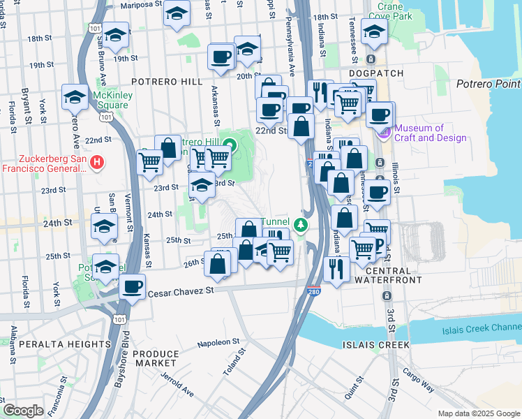 map of restaurants, bars, coffee shops, grocery stores, and more near 129 Dakota Street in San Francisco