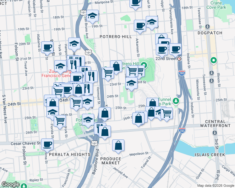 map of restaurants, bars, coffee shops, grocery stores, and more near 1287 Rhode Island Street in San Francisco