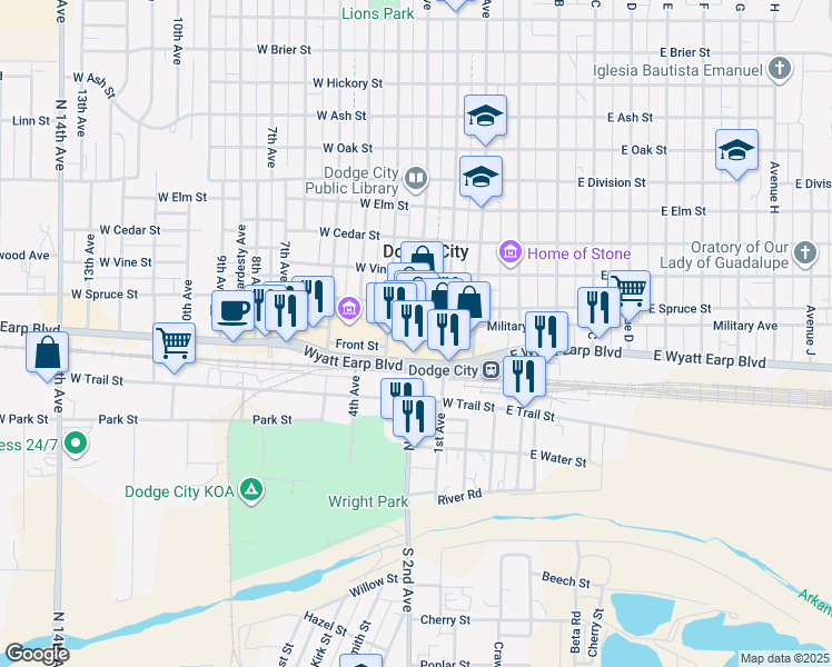 map of restaurants, bars, coffee shops, grocery stores, and more near Gunsmoke Street in Dodge City
