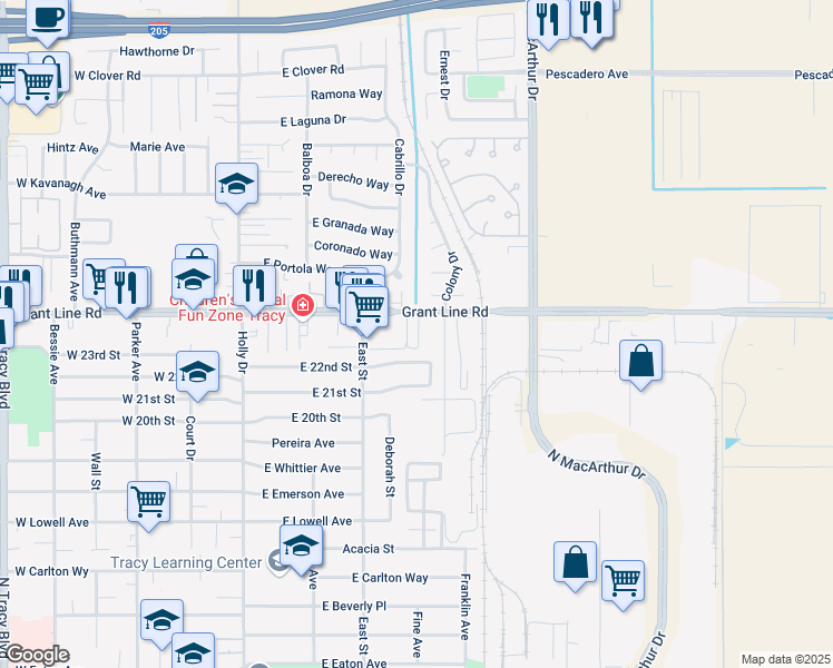 map of restaurants, bars, coffee shops, grocery stores, and more near 360 East Grant Line Road in Tracy