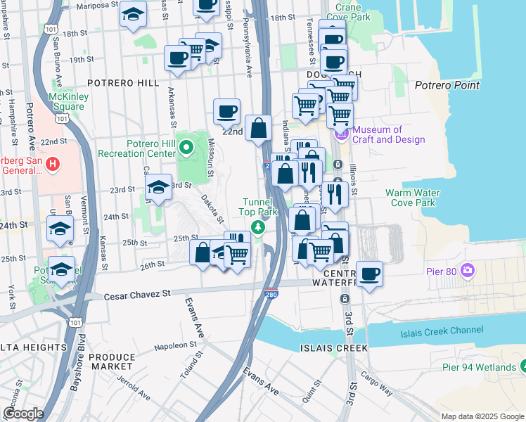 map of restaurants, bars, coffee shops, grocery stores, and more near 999 Pennsylvania Avenue in San Francisco