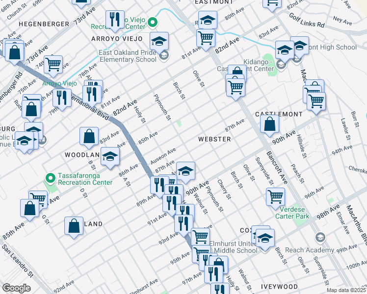 map of restaurants, bars, coffee shops, grocery stores, and more near 1662 Auseon Avenue in Oakland
