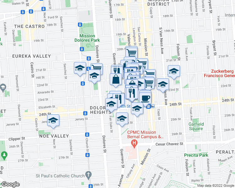 map of restaurants, bars, coffee shops, grocery stores, and more near Guerrero St & 23rd St in San Francisco
