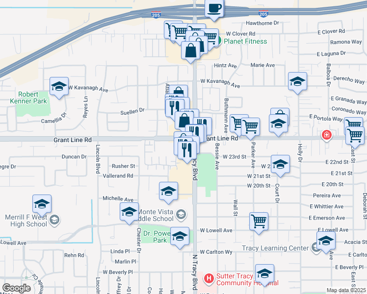 map of restaurants, bars, coffee shops, grocery stores, and more near 2375 North Tracy Boulevard in Tracy