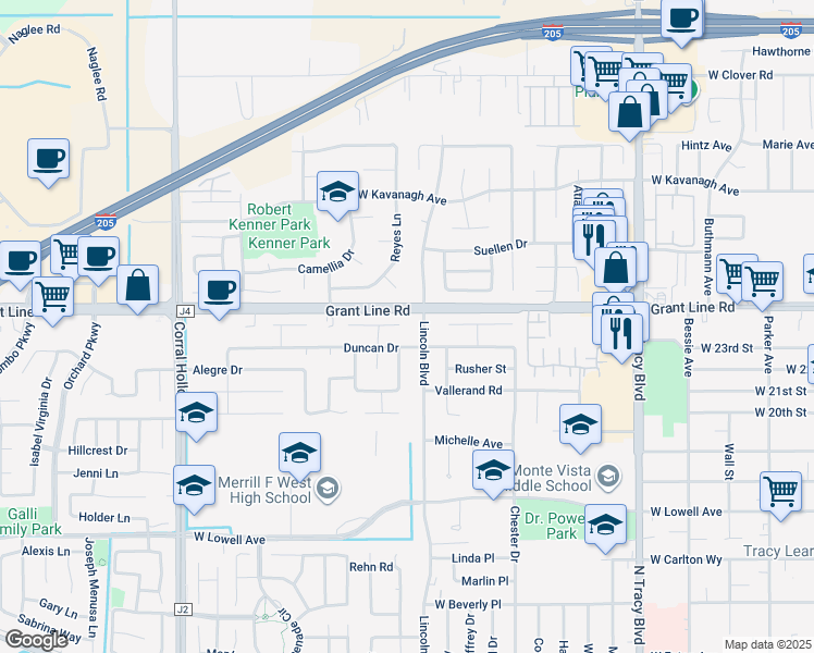 map of restaurants, bars, coffee shops, grocery stores, and more near 1512 Swarthout Court in Tracy