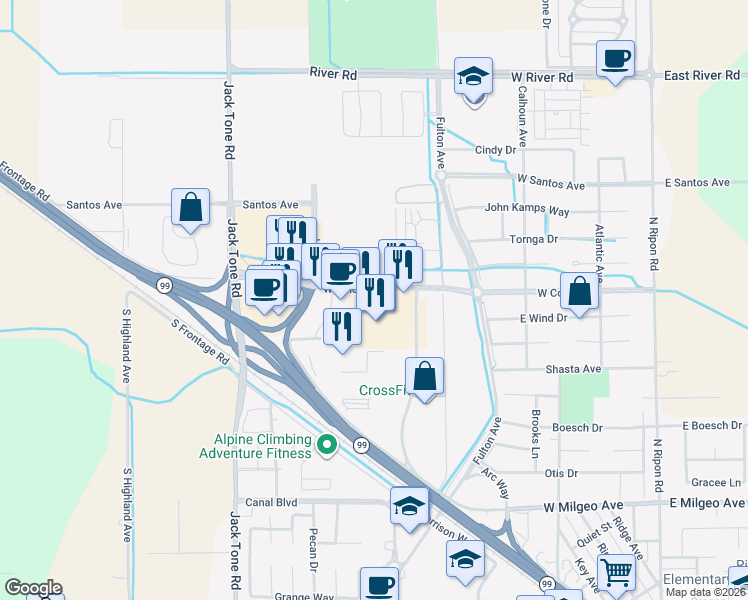 map of restaurants, bars, coffee shops, grocery stores, and more near 1290 West Colony Road in Ripon