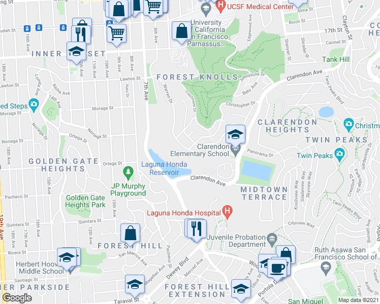 map of restaurants, bars, coffee shops, grocery stores, and more near 189 Warren Drive in San Francisco