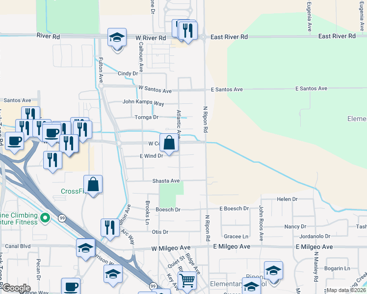 map of restaurants, bars, coffee shops, grocery stores, and more near 194 West Colony Road in Ripon