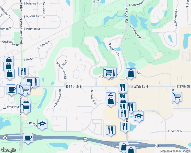 map of restaurants, bars, coffee shops, grocery stores, and more near 7602 East Oakmount Street in Wichita