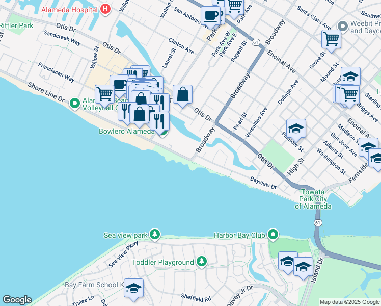 map of restaurants, bars, coffee shops, grocery stores, and more near 301 Broadway in Alameda