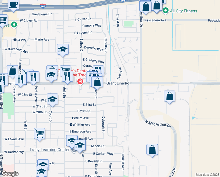 map of restaurants, bars, coffee shops, grocery stores, and more near 360 East Grant Line Road in Tracy