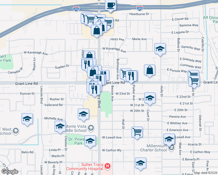 map of restaurants, bars, coffee shops, grocery stores, and more near 549 West 23rd Street in Tracy