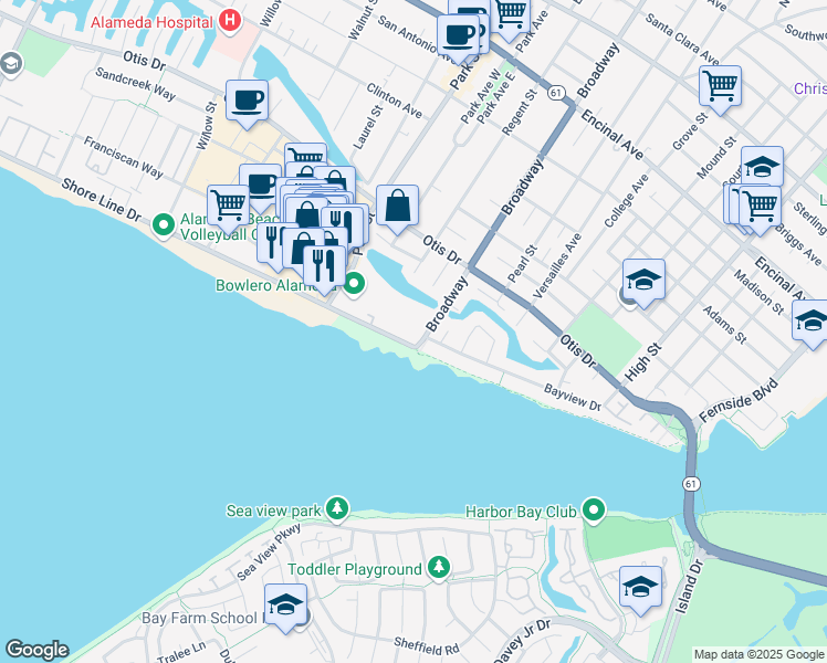 map of restaurants, bars, coffee shops, grocery stores, and more near 301 Broadway in Alameda