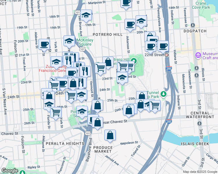 map of restaurants, bars, coffee shops, grocery stores, and more near 1287 Rhode Island Street in San Francisco