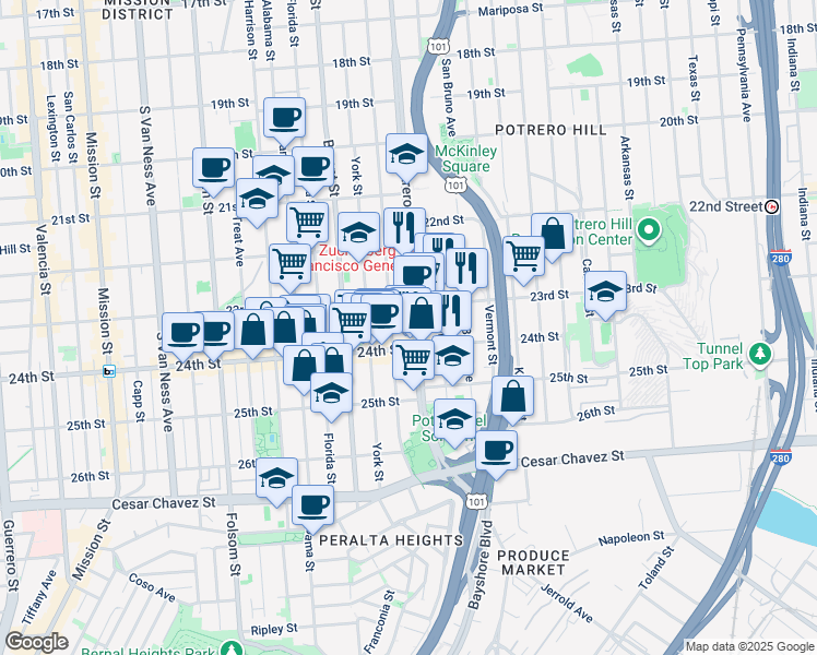 map of restaurants, bars, coffee shops, grocery stores, and more near 2704 24th Street in San Francisco