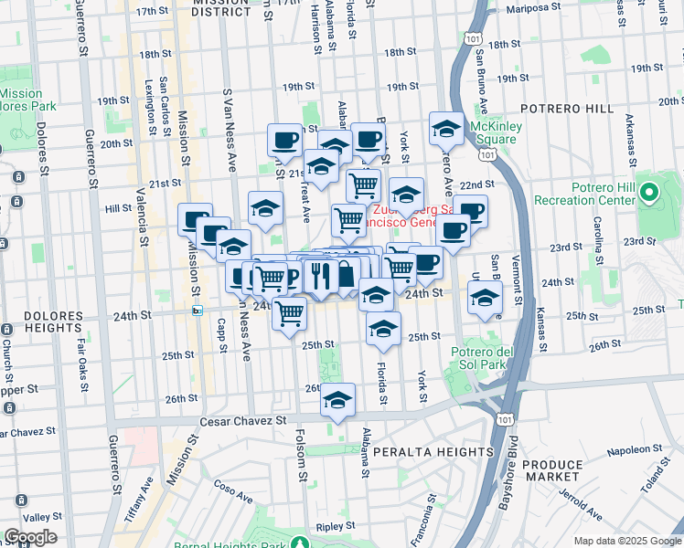 map of restaurants, bars, coffee shops, grocery stores, and more near in San Francisco