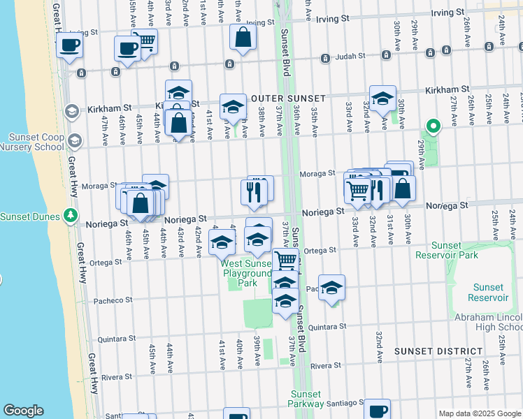 map of restaurants, bars, coffee shops, grocery stores, and more near 3136 Noriega Street in San Francisco